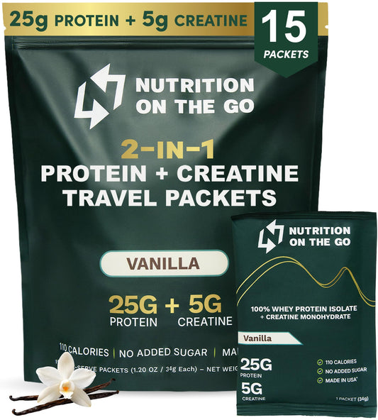 Nutrition On The Go frente del empaque mostrando 15 sobres y beneficio de conveniencia