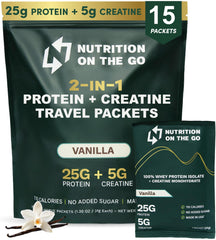 Nutrition On The Go frente del empaque mostrando 15 sobres y beneficio de conveniencia