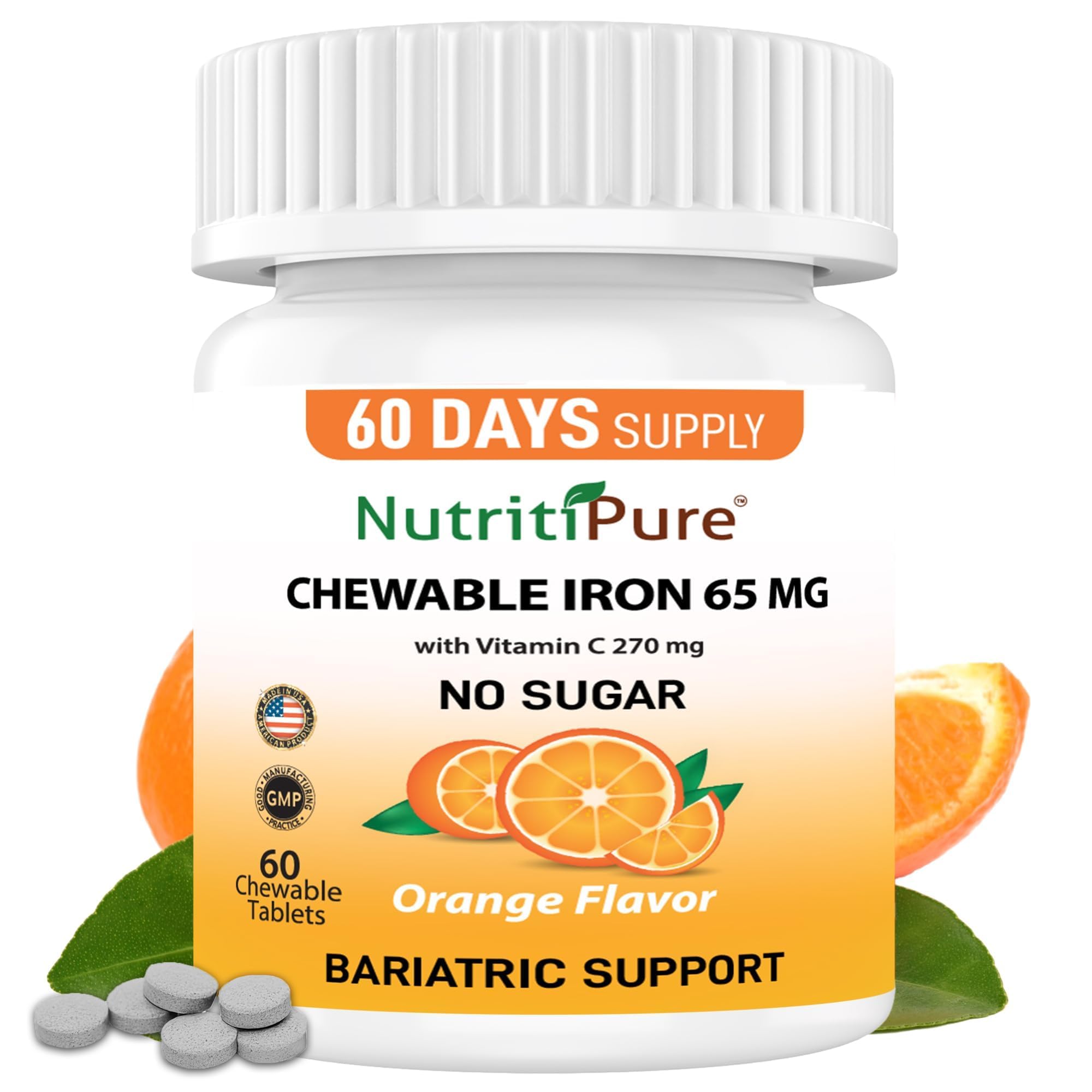 NutritiPure empaque frontal mostrando tabletas masticables y beneficios
