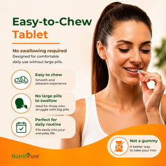 NutritiPure primer plano de tableta masticable, detalle de textura suave
