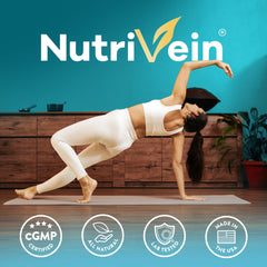 Nutrivein frasco en mesa con alimentos saludables transmitiendo apoyo nutricional