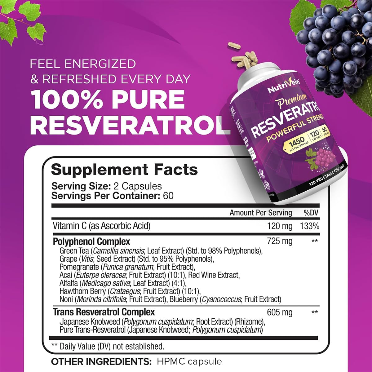 Etiqueta Nutrivein con información de resveratrol, té verde y acai, fácil lectura