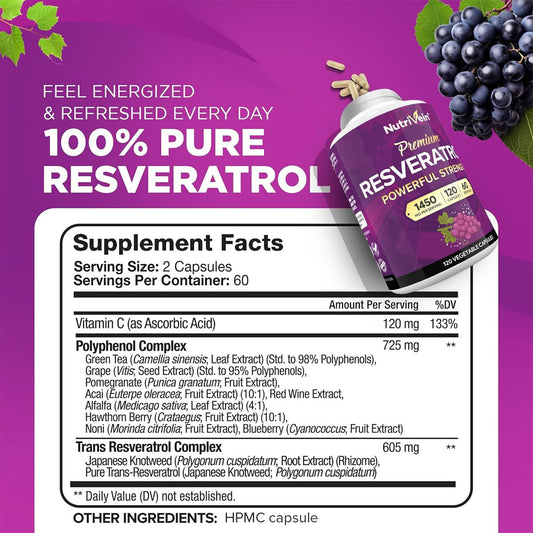 Etiqueta Nutrivein con información de resveratrol, té verde y acai, fácil lectura