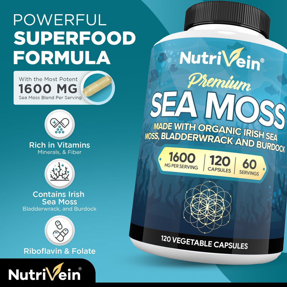 Nutrivein close-up de sea moss, bladderwrack y burdock mostrando origen natural