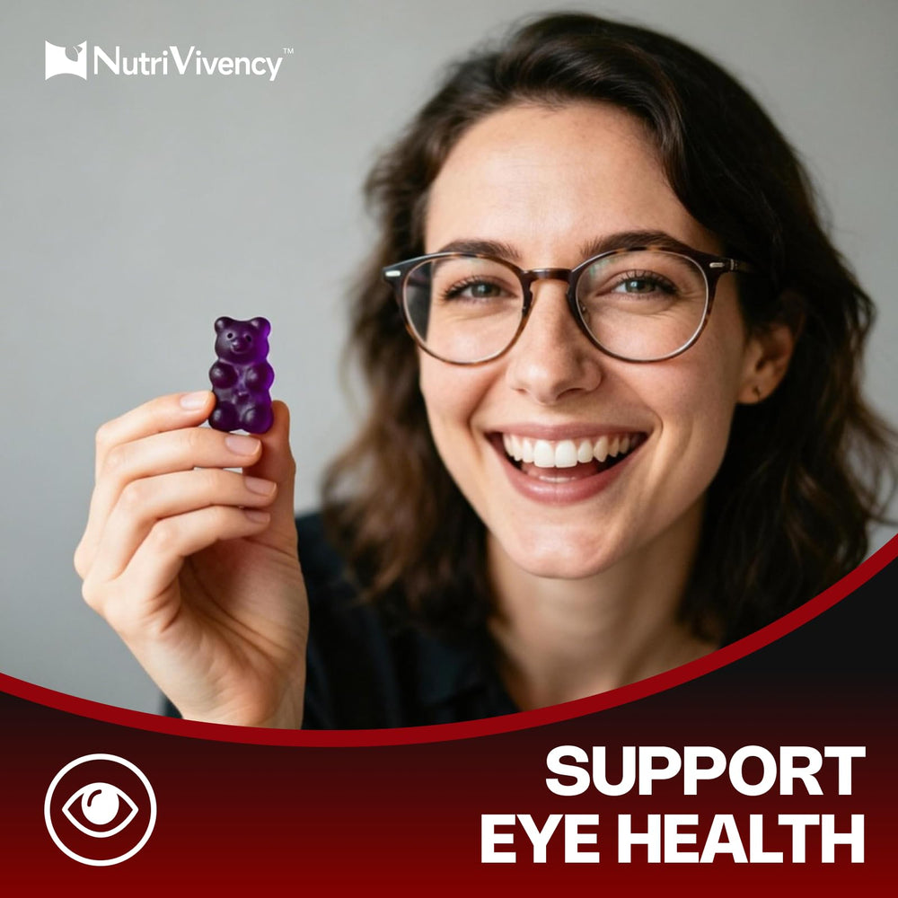 NutriVivency gomitas sobre arándanos resaltando sabor natural y atractivo