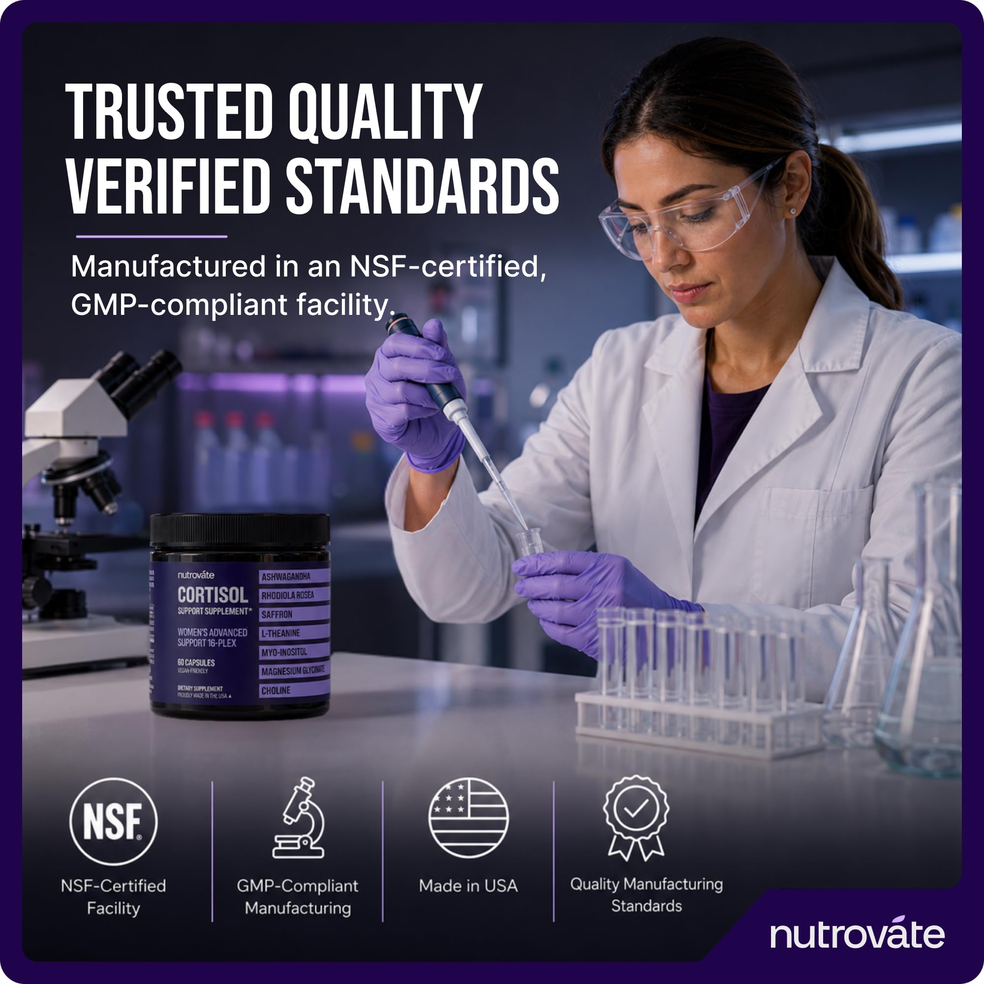 NutroVate empaque con sellos GMP, Non GMO y fabricación en USA