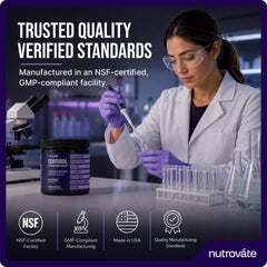 NutroVate empaque con sellos GMP, Non GMO y fabricación en USA