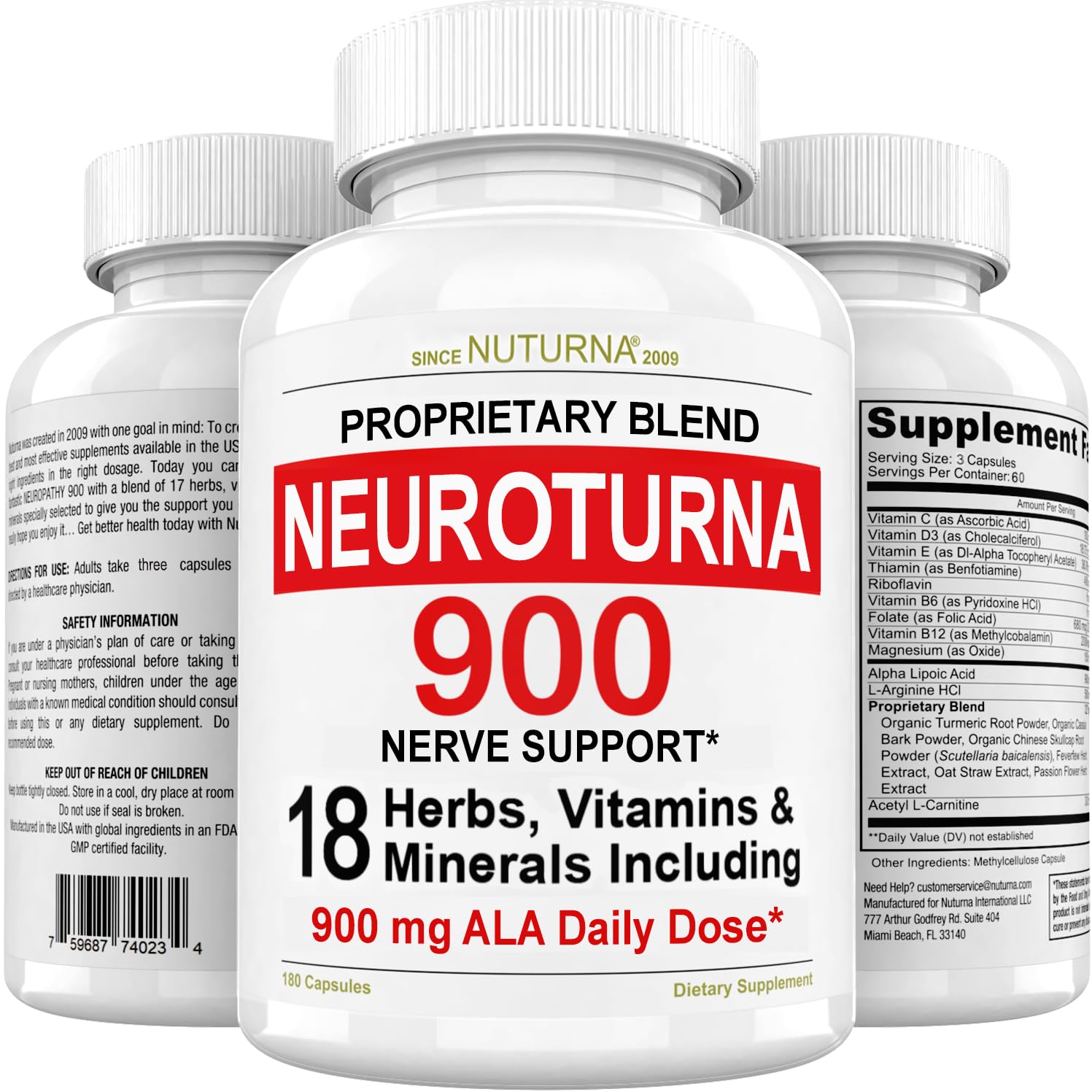 Nuturna Neuroturna frontal del envase mostrando ingredientes clave y dosis