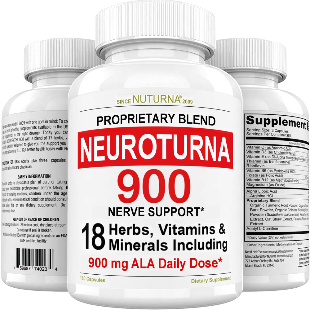 Nuturna Neuroturna frontal del envase mostrando ingredientes clave y dosis