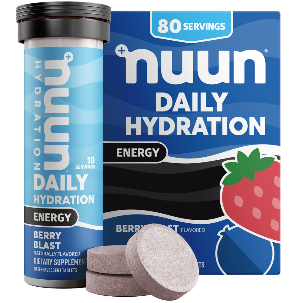 Nuun frasco frontal mostrando Berry Blast y beneficios de energía