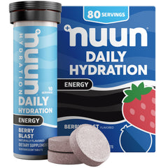 Nuun frasco frontal mostrando Berry Blast y beneficios de energía