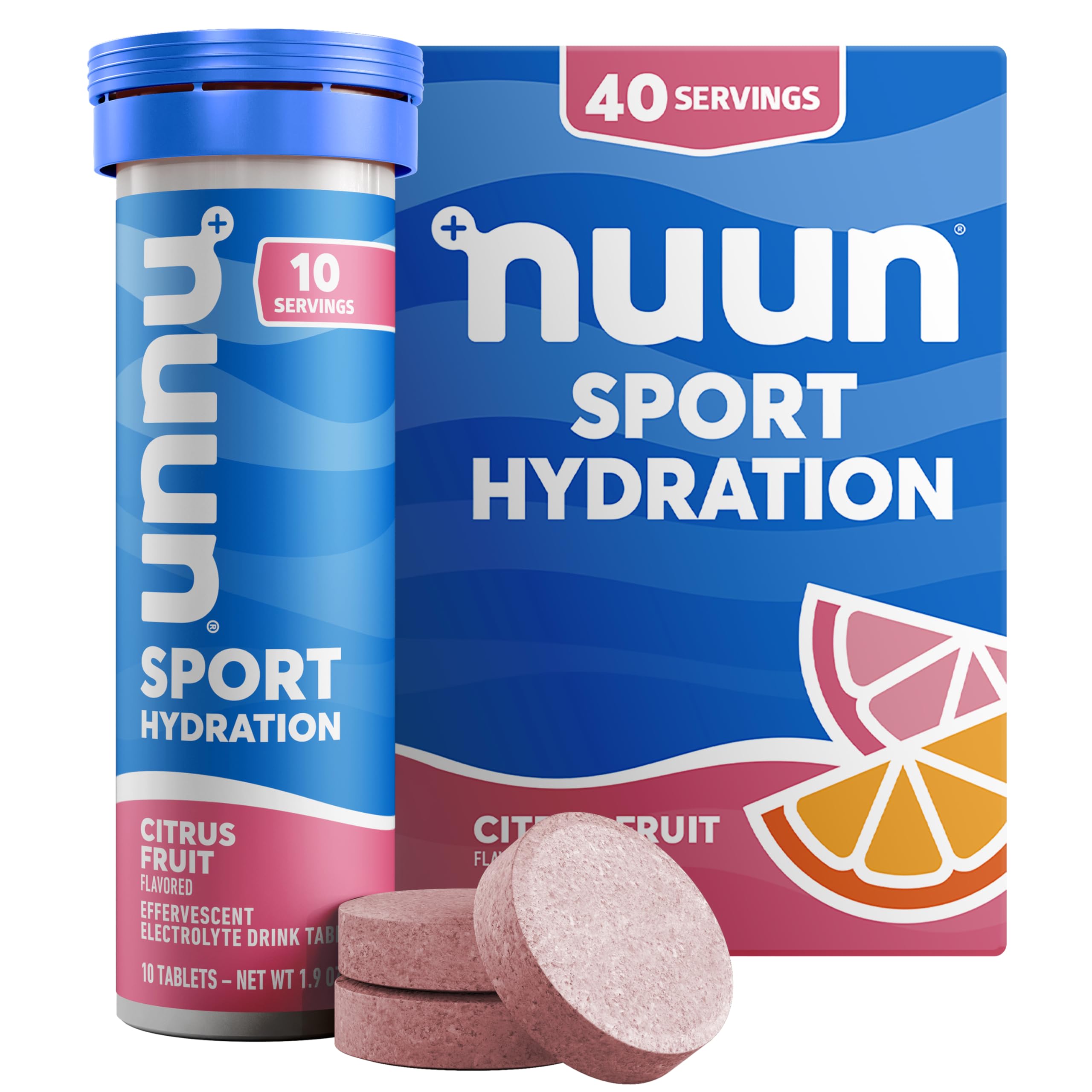 Nuun tubo frontal Citrus Fruit mostrando portabilidad y mezcla rápida
