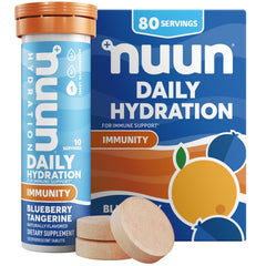 Nuun tubo frontal sabor blueberry tangerine mostrando el empaque y conveniencia