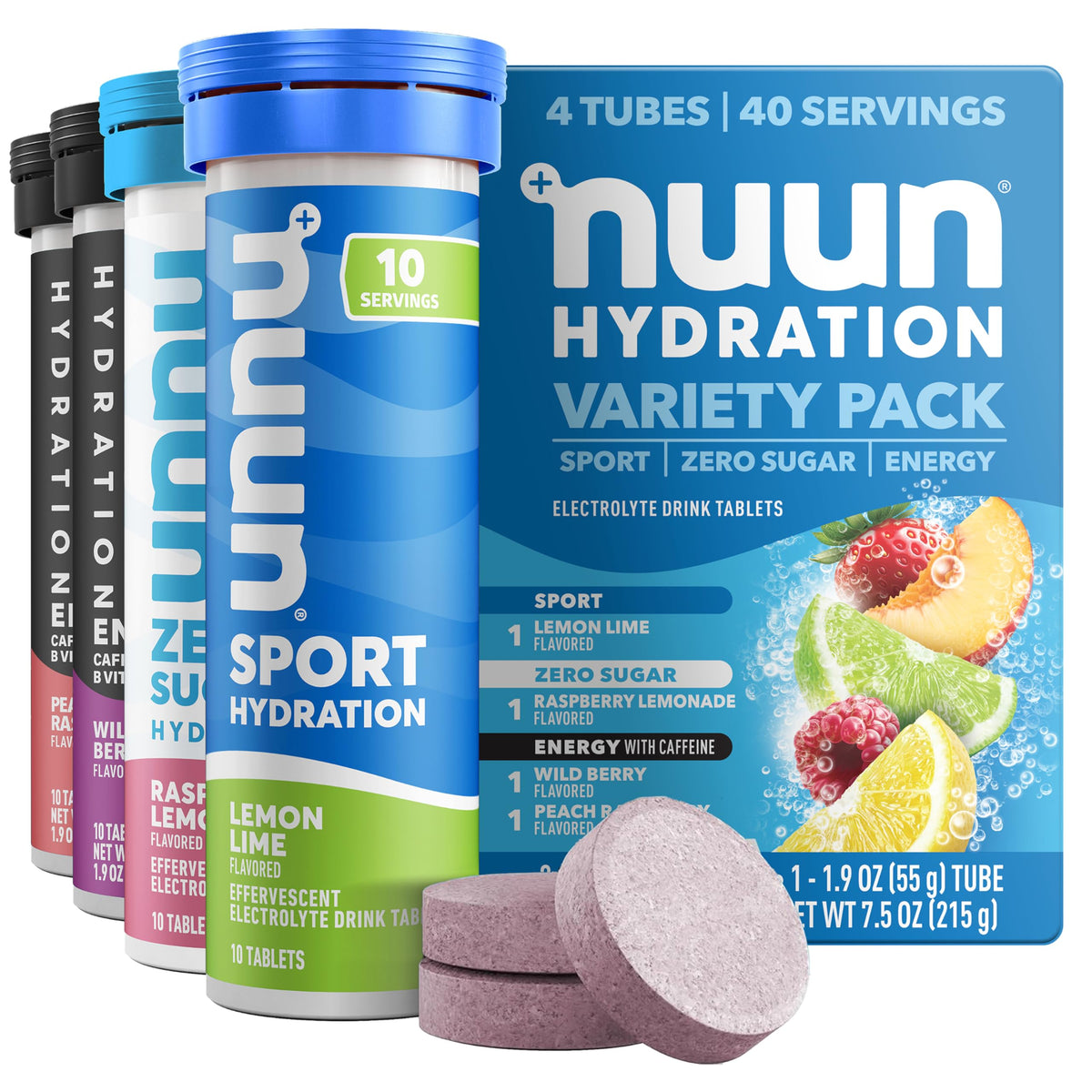 Nuun frente del tubo mostrando los cuatro sabores y facilidad de transporte