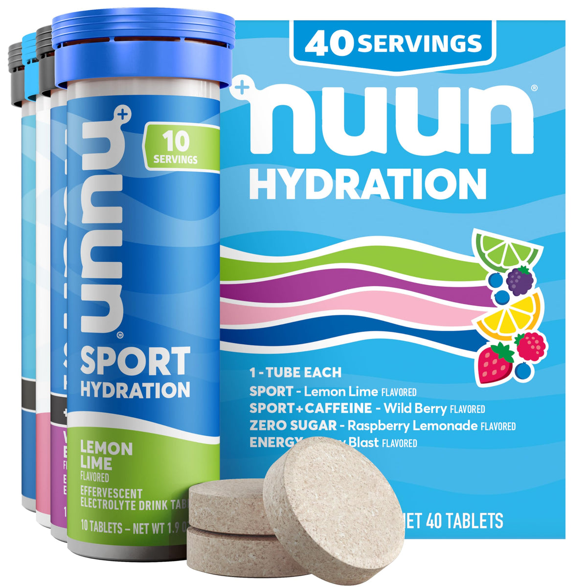 Nuun frente del paquete completo mostrando tubos y sabores, hidratación portátil
