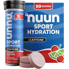 Nuun tubo frontal Cherry Limeade mostrando empaquetado y fácil transporte