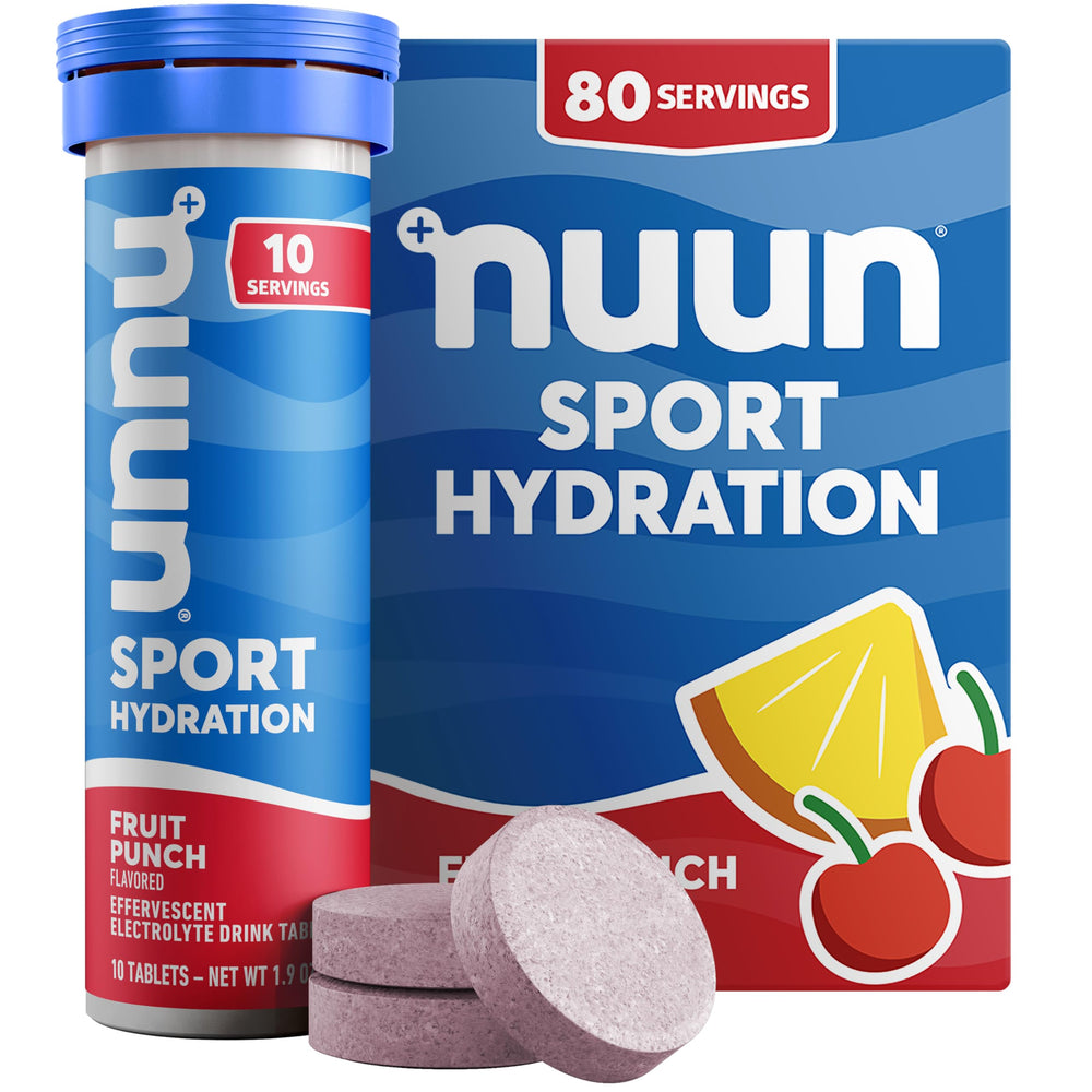 Nuun tubo frontal Fruit Punch mostrando envase portátil y conveniencia
