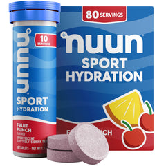 Nuun tubo frontal Fruit Punch mostrando envase portátil y conveniencia
