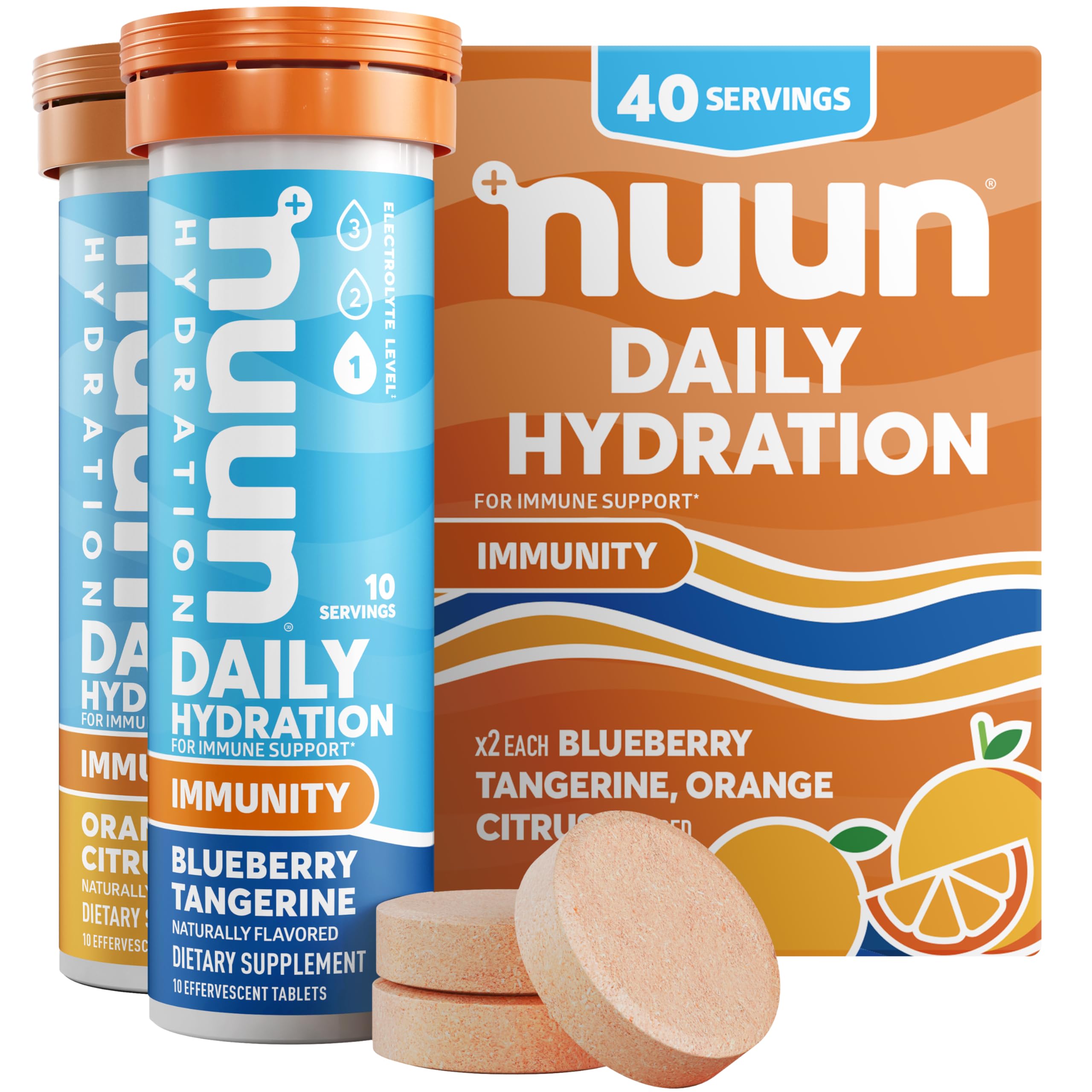 Nuun Immunity frente del envase mostrando sabores y cantidad, fácil identificación