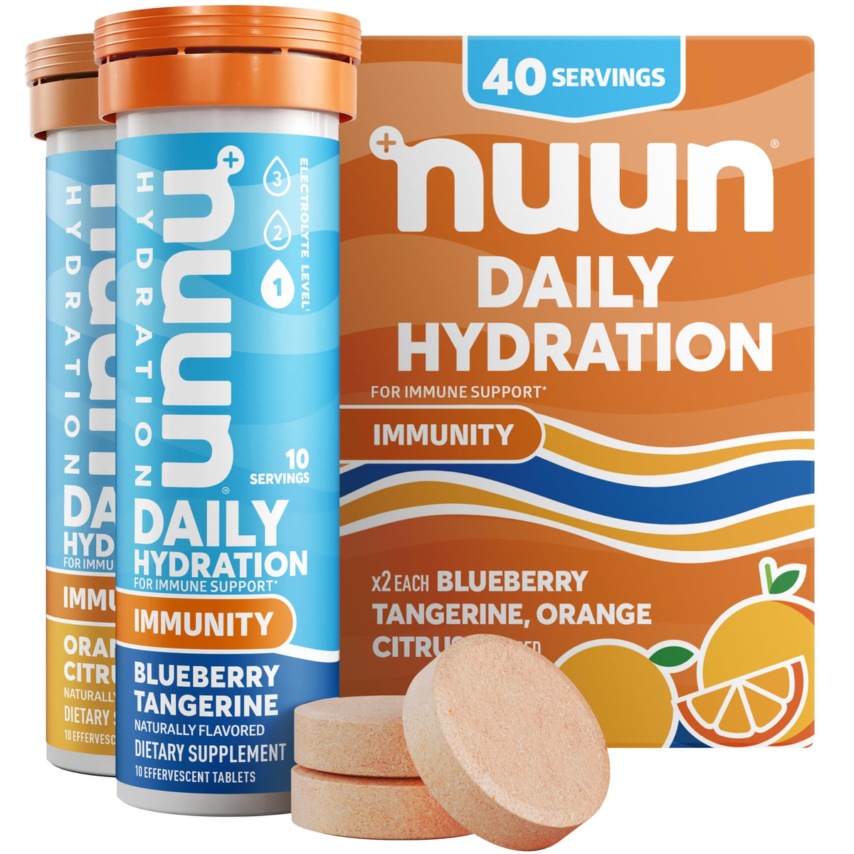Nuun Immunity frente del envase mostrando sabores y cantidad, fácil identificación