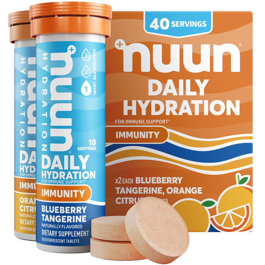Nuun Immunity frente del envase mostrando sabores y cantidad, fácil identificación
