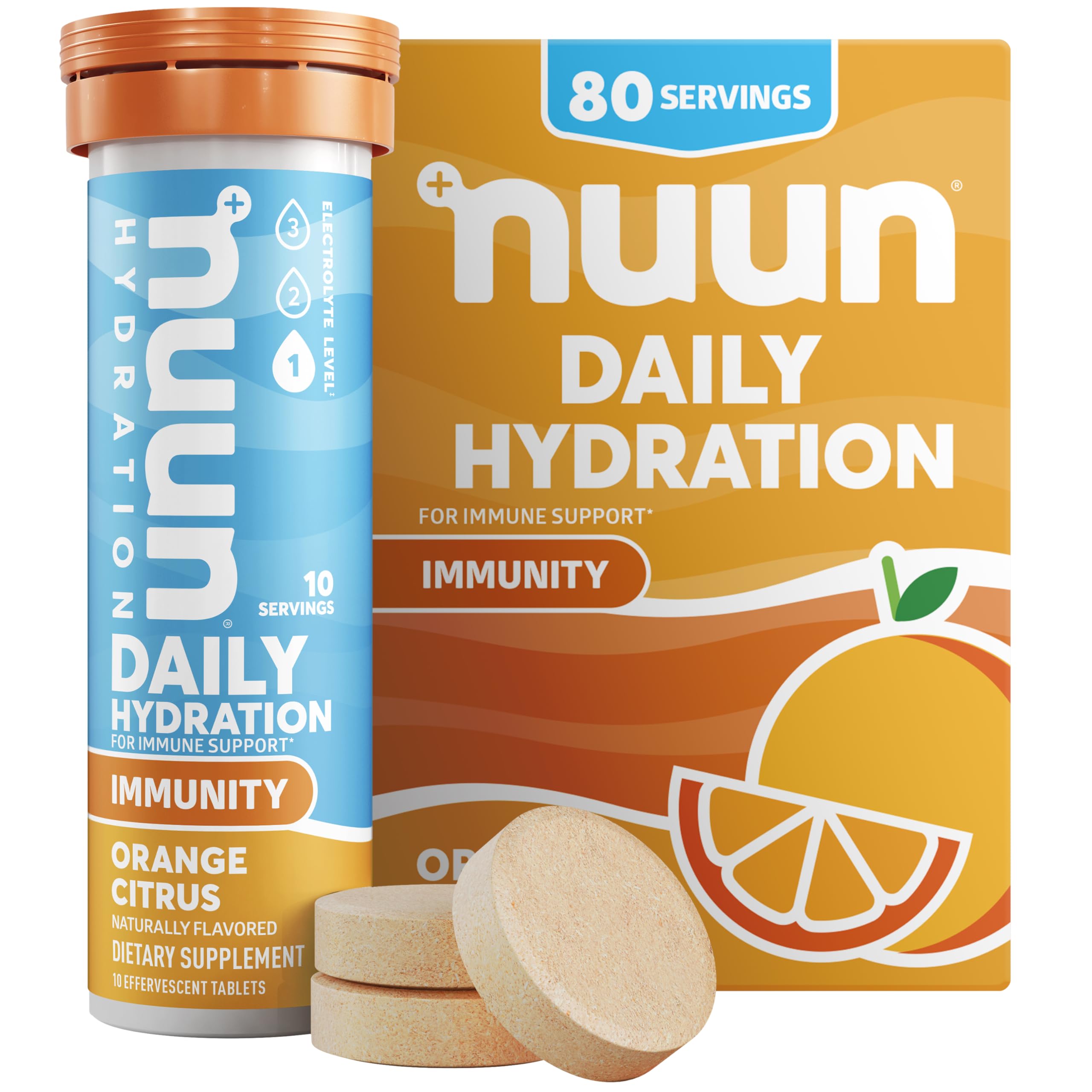 Nuun pack frontal naranja cítrico mostrando envase y tabletas, ofrece conveniencia