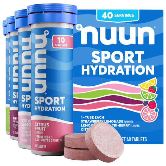 Nuun pack frontal mostrando cuatro tubos de sabores mixtos para hidratación rápida