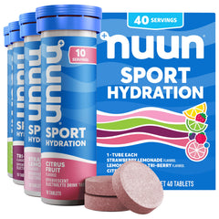Nuun pack frontal mostrando cuatro tubos de sabores mixtos para hidratación rápida