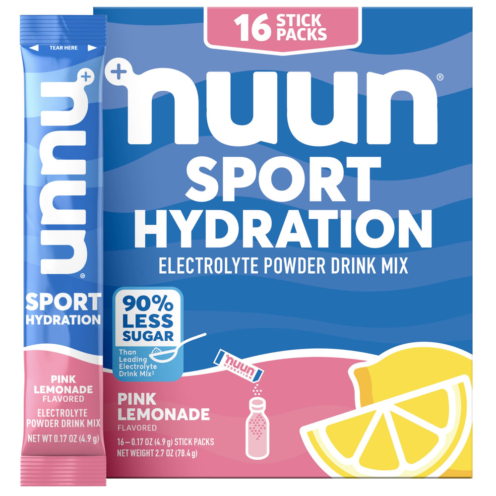 Nuun sobre Pink Lemonade frente del empaque mostrando presentación y conveniencia