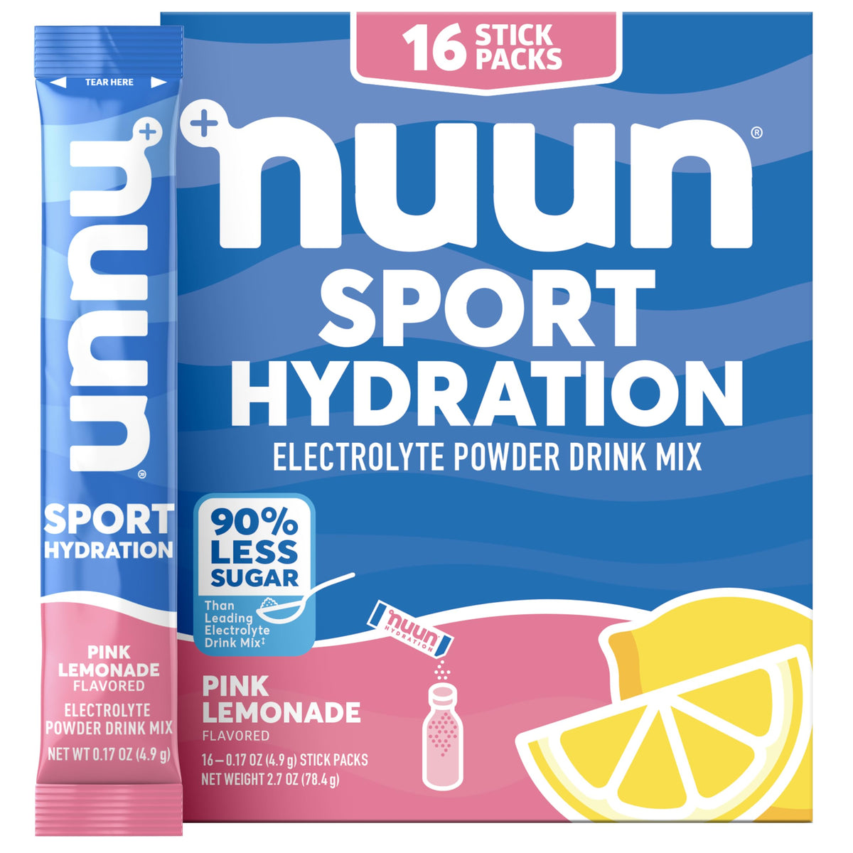 Nuun sobre Pink Lemonade frente del empaque mostrando presentación y conveniencia