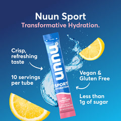 Polvo rosa de Nuun en primer plano, textura fina que facilita disolución