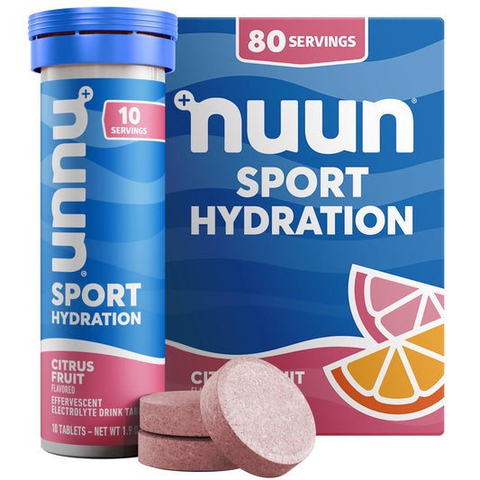 Nuun empaque frontal Citrus Fruit mostrando formato y beneficios