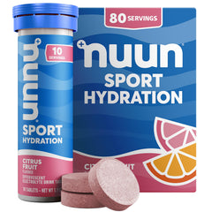 Nuun empaque frontal Citrus Fruit mostrando formato y beneficios