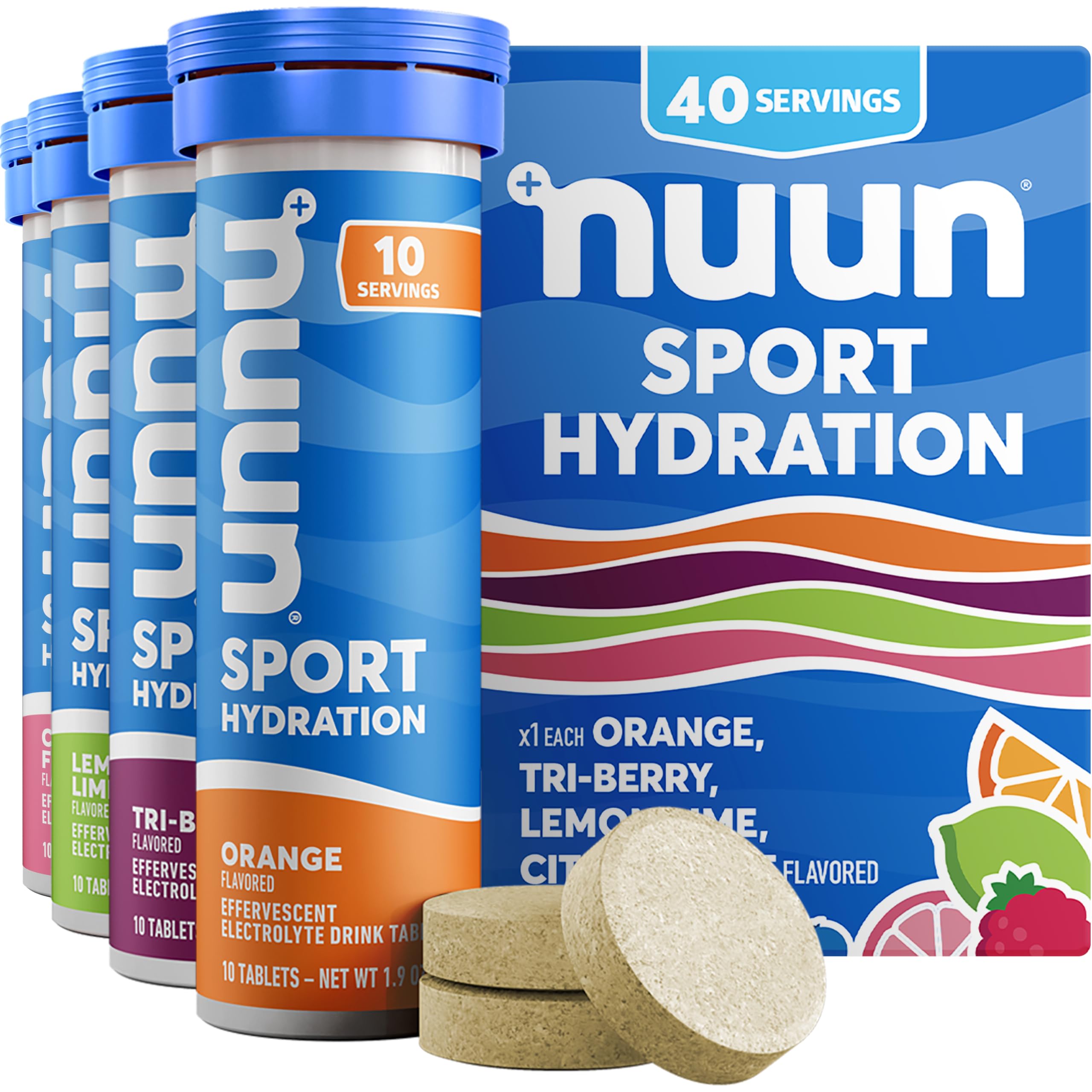 Nuun frente del empaque mostrando tubos y sabores, práctico para llevar