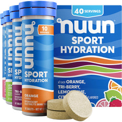 Nuun frente del empaque mostrando tubos y sabores, práctico para llevar