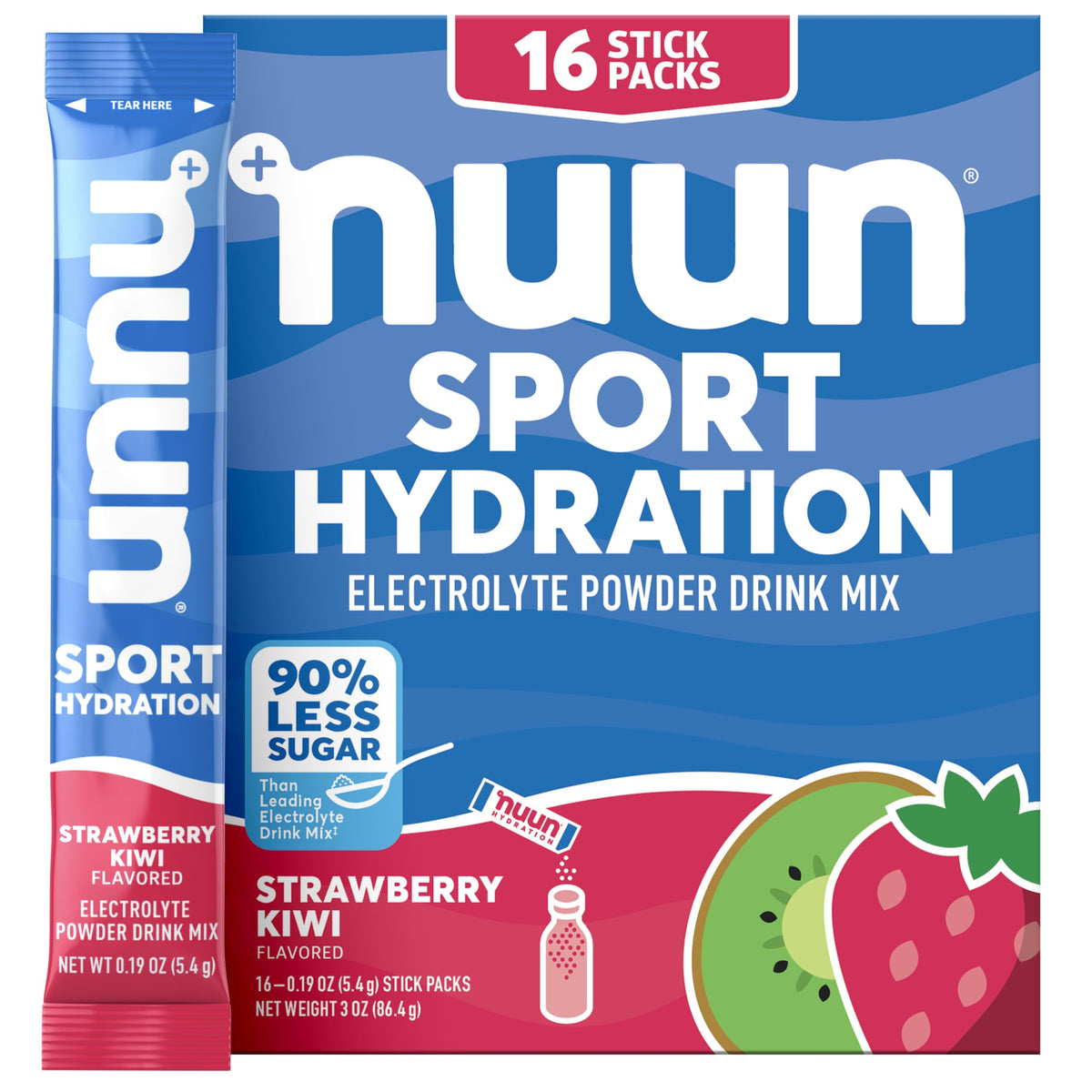 Nuun frente del empaque mostrando 16 sobres, conveniente para llevar