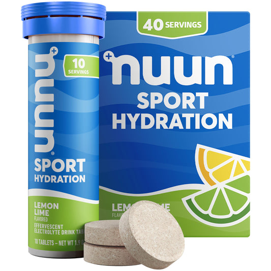 Nuun tubo frontal mostrando etiqueta Lemon Lime y beneficio hidratación rápida