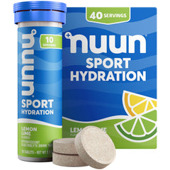 Nuun tubo frontal mostrando etiqueta Lemon Lime y beneficio hidratación rápida