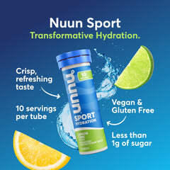 Nuun tableta efervescente en detalle que muestra disolución rápida