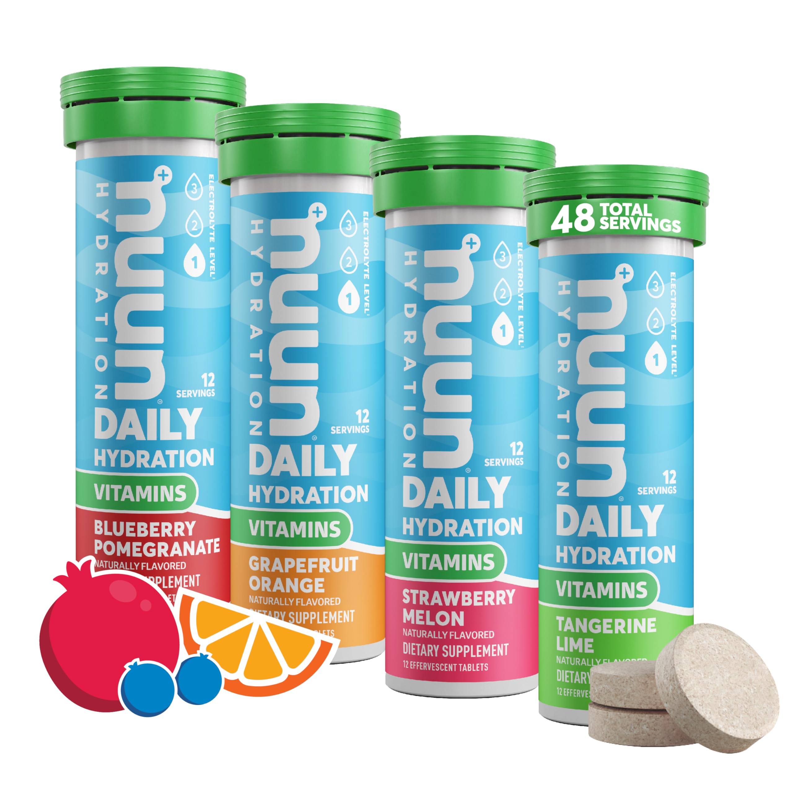 Nuun tubo frontal con tabletas Mixed Fruit mostrando envase portátil y conveniencia