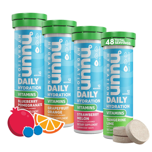 Nuun tubo frontal con tabletas Mixed Fruit mostrando envase portátil y conveniencia