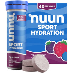 Nuun tubo frontal Tri-Berry mostrando diseño y portabilidad para hidratación rápida