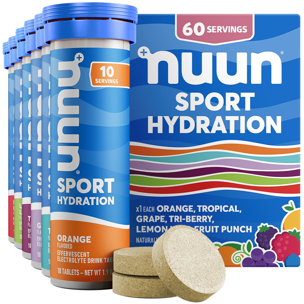 Nuun tubo frente empaque mostrando sellado y sabores para hidratación rápida