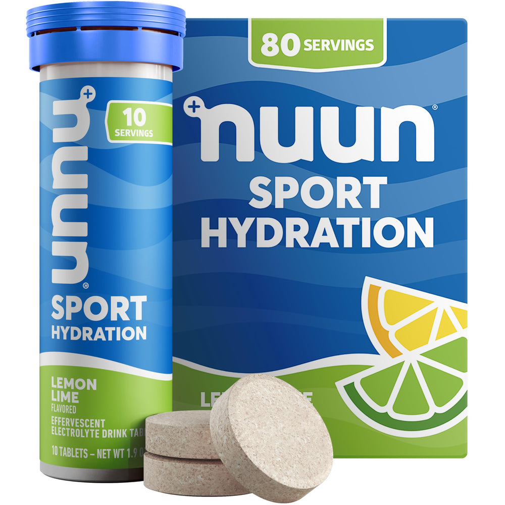 Nuun tubo frontal limón lima mostrando presentación portátil y sabor