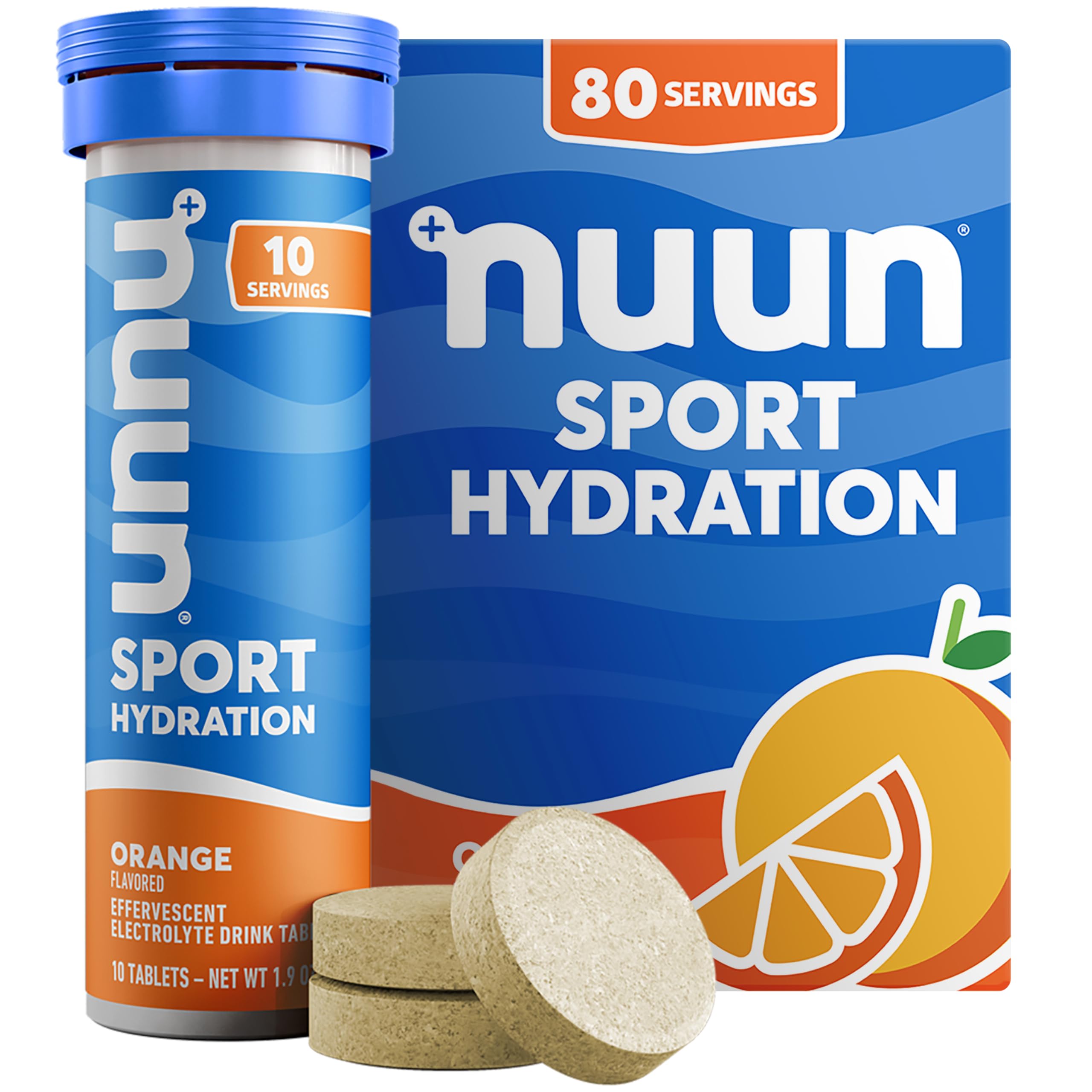 Nuun tubo frontal naranja mostrando envase portátil y conveniencia