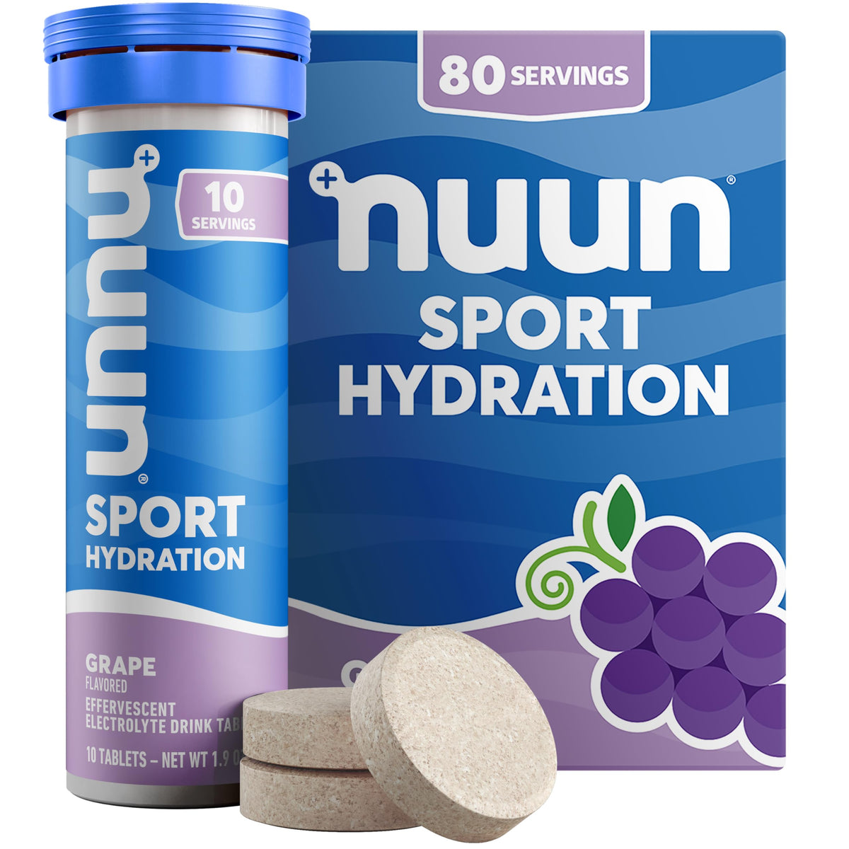 Nuun frente del tubo uva mostrando envase portátil y conveniencia