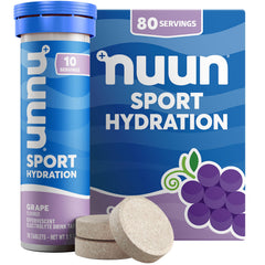 Nuun frente del tubo uva mostrando envase portátil y conveniencia