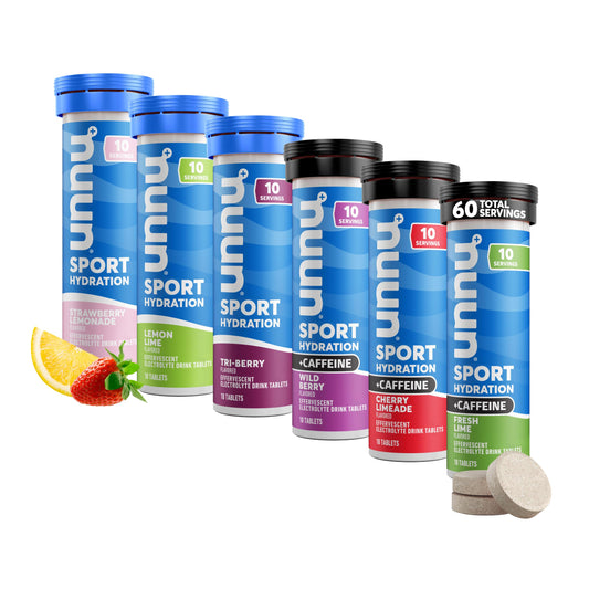 Nuun paquete variedad frontal mostrando los seis tubos y sabores para hidratación práctica