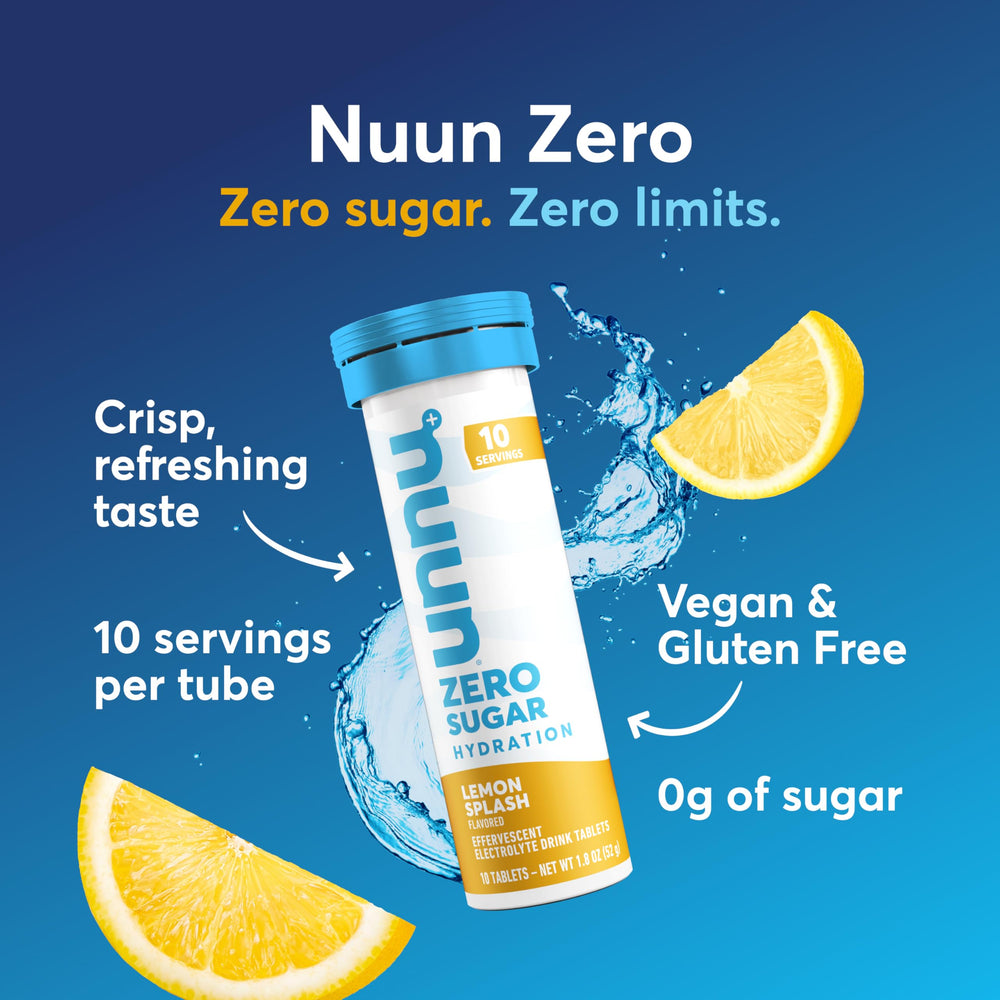 Detalle de una tableta efervescente Nuun Zero Sugar mostrando textura y formulación efervescente útil para preparar agua