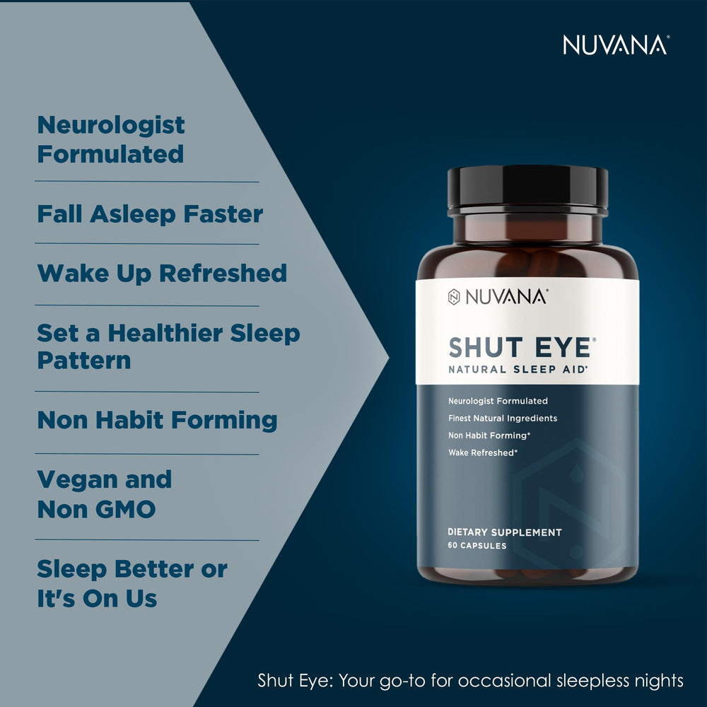 Nuvana Shut Eye etiqueta con información de ingredientes y GMP